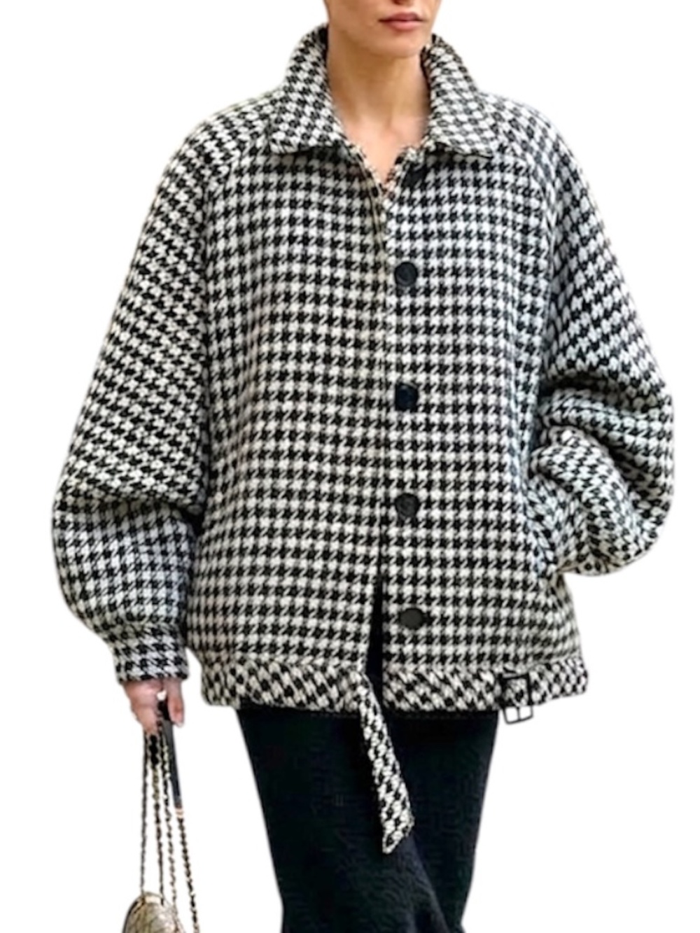 VTG 80s black white houndstooth oversized wool batwing retro bomber jacket